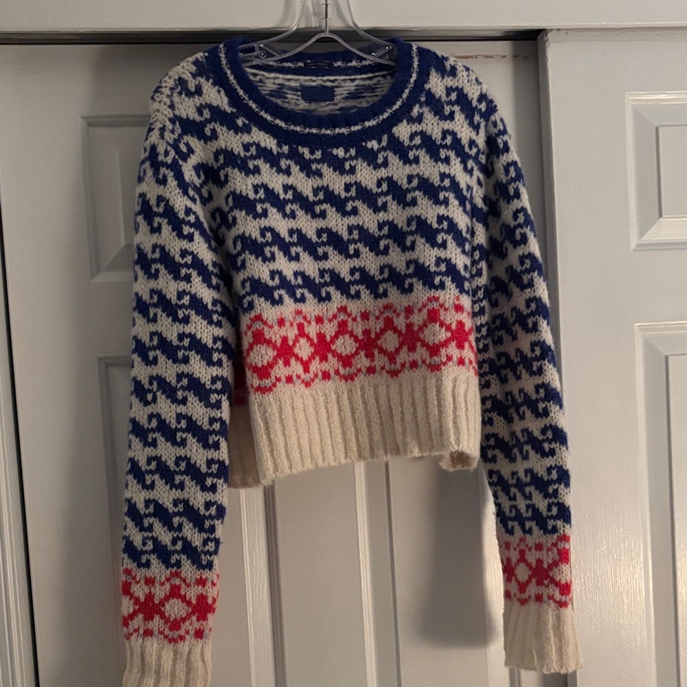 MOTHER Blue and Cream Cropped Knit Sweater